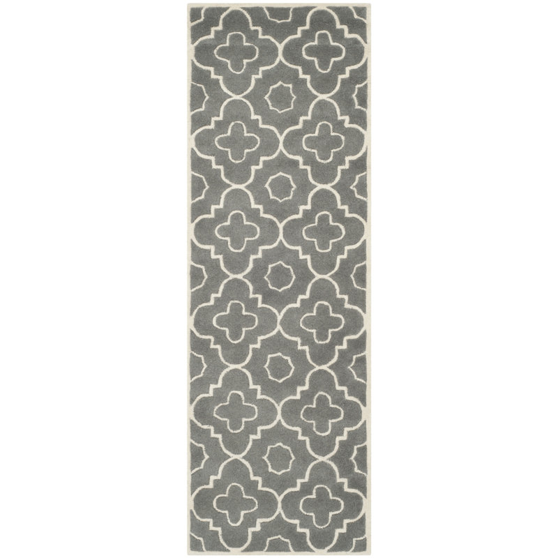 Tapis gris foncé / ivoire en laine touffeté à la main Carolene, Tapis de couloir 2 pi 3 po x 7 pi