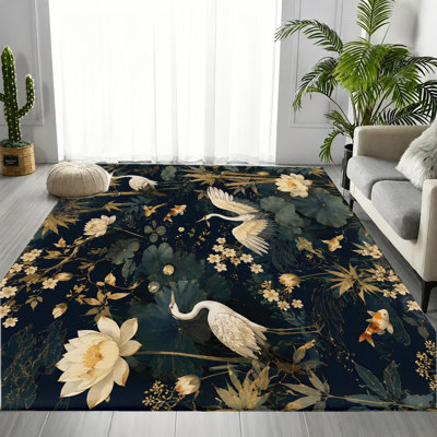 Tapis oriental oriental Koi Fish, motif étang de lotus bleu foncé, tapis antidérapant doux, décoration intérieure élégante pour le salon, la chambre à coucher, la salle à manger, le couloir, l’appartement