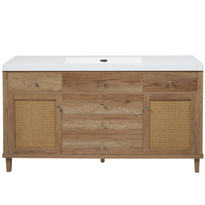 Meuble-lavabo de 60 po avec lavabo SMC, grande armoire de rangement moderne avec tiroirs à fermeture en douceur, boutons en métal argenté et 5 pieds en pin