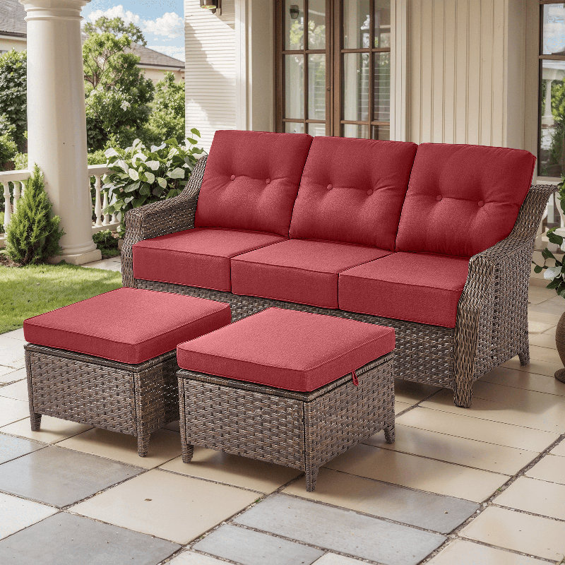 Elona 74'' Powder Coated Steel Outdoor Patio Sectional With Sofa And Ottomans And Cushions, Red