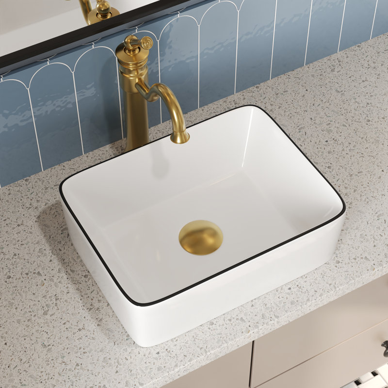Deervalley Liberty 16'' X 12'' Rectangular Vitreous China Vessel Bathroom Sink, White With Black Striped Edge
