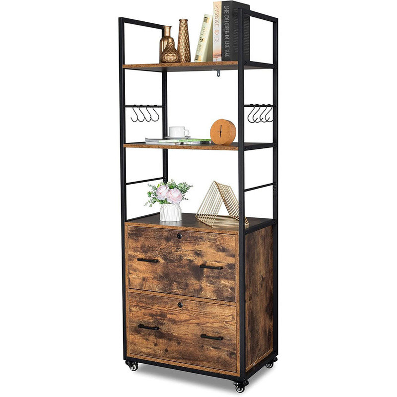 File Cabinet with Lock and 2 Drawer, Wood File Cabinet with Shelves Compatible with Both Letter and Legal Size Folders, Rustic Brown