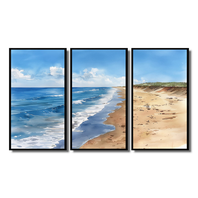 Italian Beachside Shores - Ensemble d'art mural plage, Toile avec cadre flottant noir, H 32 po x l 48 po x P 1 po