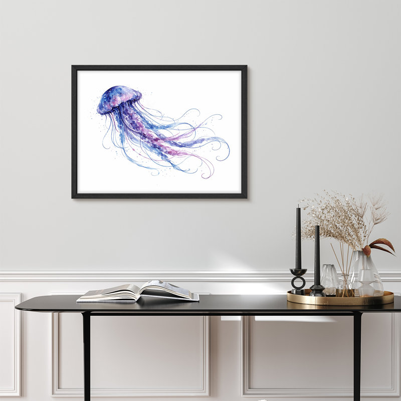 Aquarelle, méduse, impression d'art mural encadrée, H 12 po x l 16 po, Black