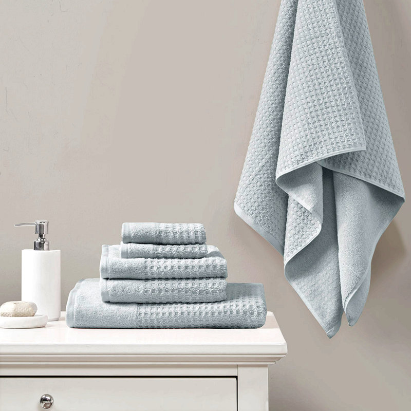 Cotton Waffle Jacquard Antimicrobial Bath Towel 6 Piece Set, Blue