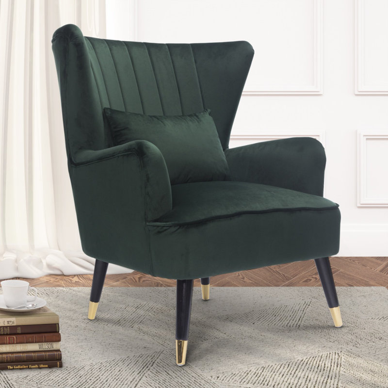 Nettey Upholstered Wingback Chair, Velvet, Green