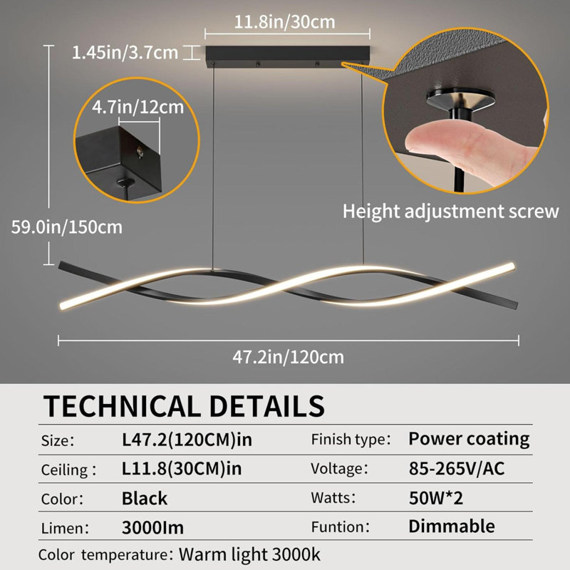 Luminaire suspendu moderne en acrylique anti-scintillement avec télécommande à intensité variable 3 modes de couleur et luminosité Lumière froide et chaude pour bar de cuisine noyer