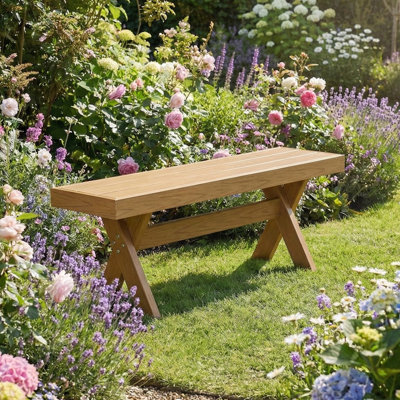 Banc de patio extérieur sans dossier en forme de X, pieds de soutien en X pour 2 personnes, banc de jardin à lattes toutes saisons pour cour, porche et cour