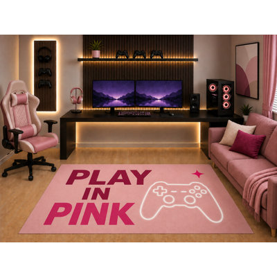 Tapis de jeu rose ultra-léger 152 x 213 cm (5 pi x 7 pi) avec motif manette, idéal pour une chambre d'ado, une salle de jeux ou une salle de jeux. Dos en silicone antidérapant. Poils courts.