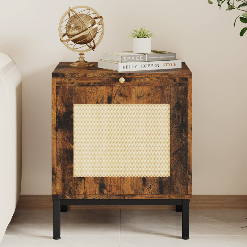 Table de bout en rotin, table de chevet en bois avec tablette de rangement, Brun, 1