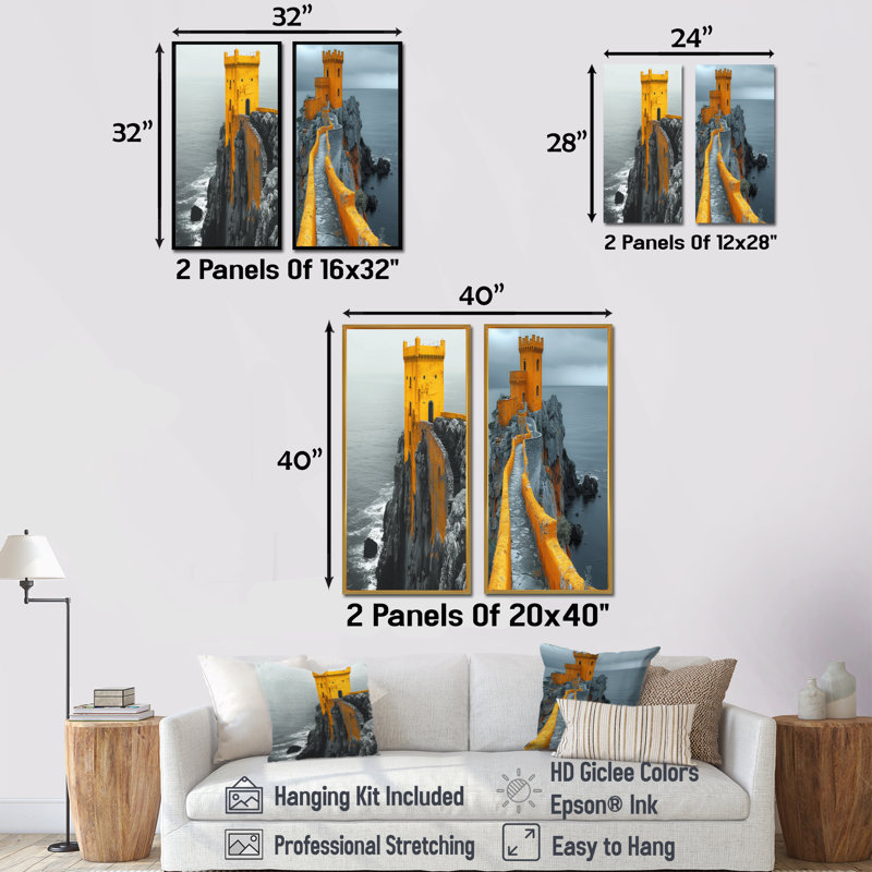 Ensemble de 2 pièces d'art mural monochromes du château côtier d'hiver gris et jaune, H 28 po x l 24 po, Cadre flottant brun