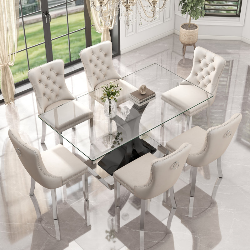 7-Piece Rectangle Tempered Glass Dining Table Set, 7, Beige, Black