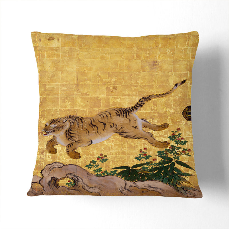 Leaping Tiger by Hashimoto Gaho Cushion with Filling, 55cm H x 55cm W x 20cm D, White