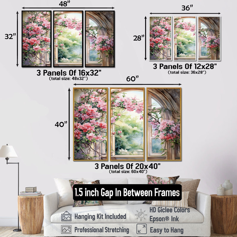 «Pink Blossoming Country Window Gaze IV», art mural floral, H 32 po x l 48 po x P 1 po, Encadrement argenté