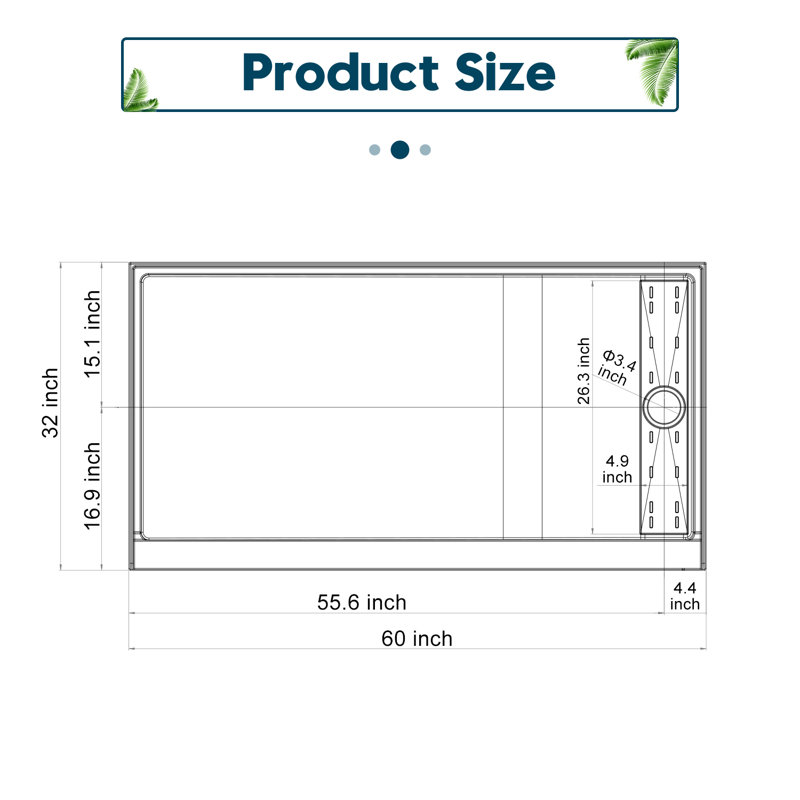Elegant 60" W x 32" D x 4" H Shower Base with Single Threshold Anti-Slip Acrylic Shower Pan White, Right