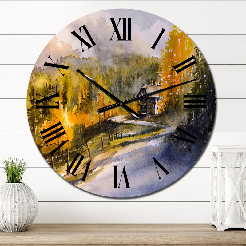 Paysage d'automne avec des arbres jaune, orange et vert - Horloge murale traditionnelle, Petit