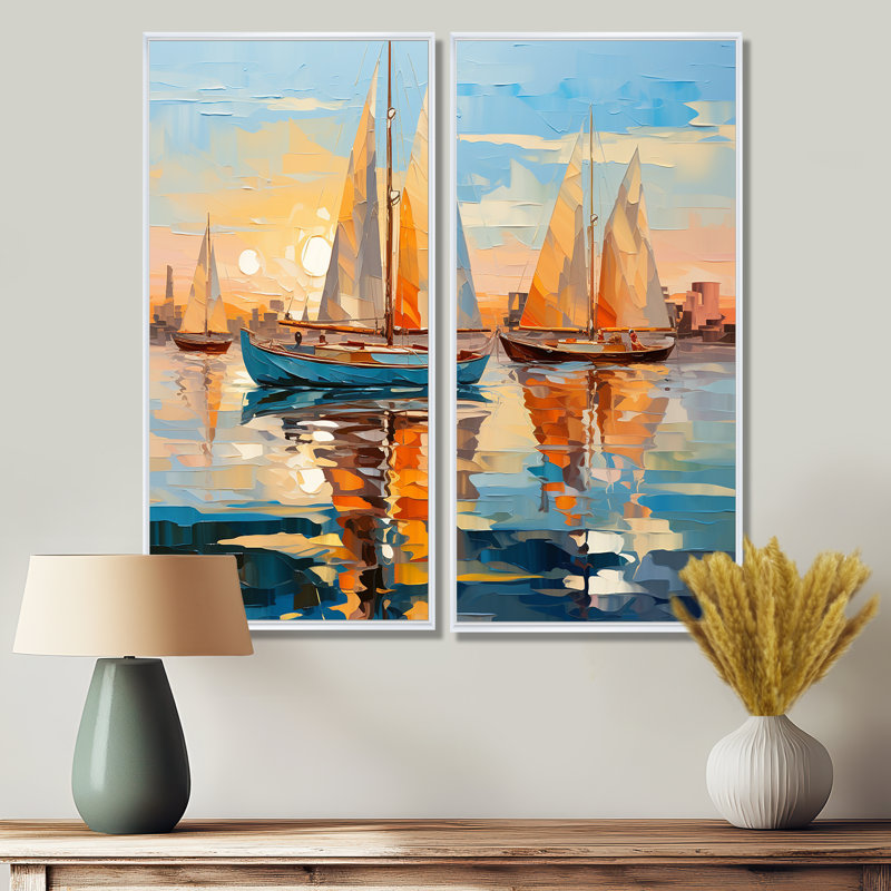 Voilier abstrait flottant I - art mural multicolore, H 20 po x l 24 po, Impression encadrée flottante sans passe-partout