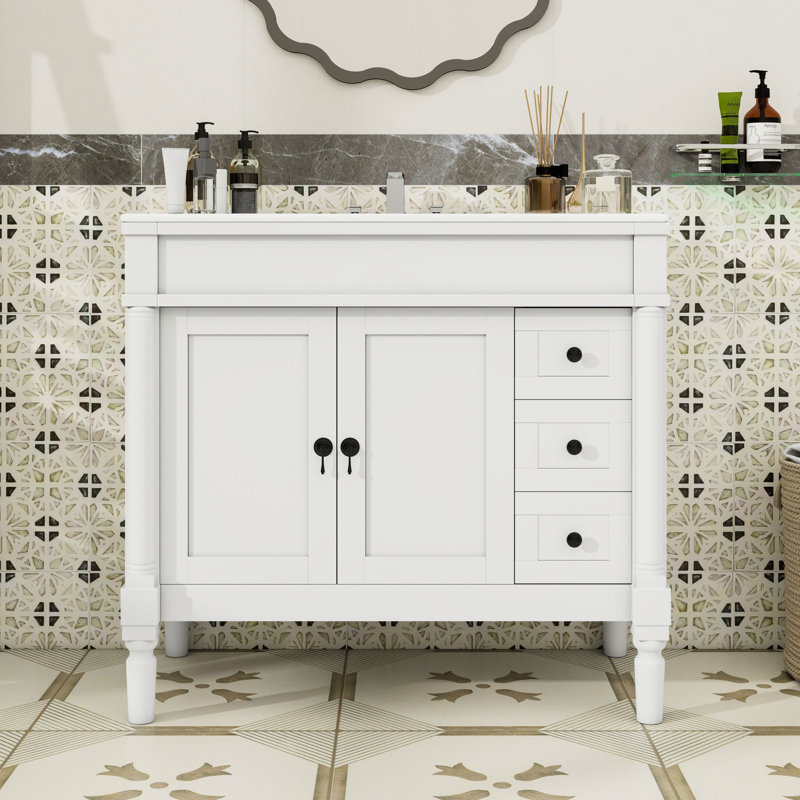 Meuble-lavabo avec lavabo en céramique, 3 tiroirs et tablette réglable, Blanc