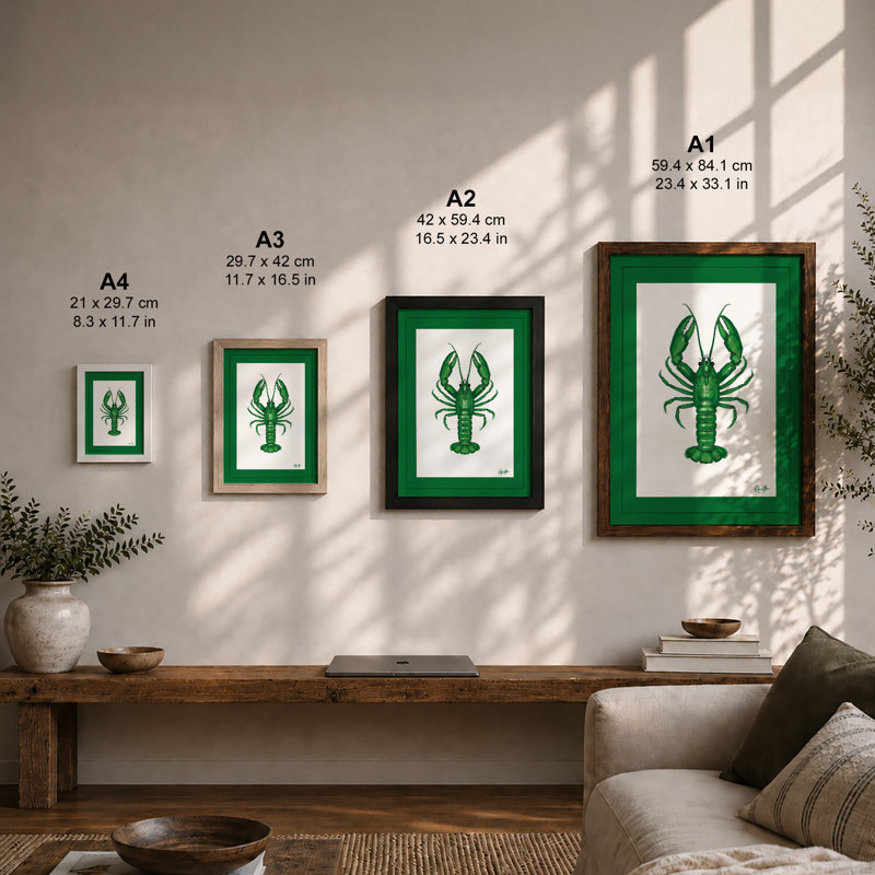 Green Lobster Study Botanical - Framed Print, Walnut, A4 - 29.7 x 21.0 cm