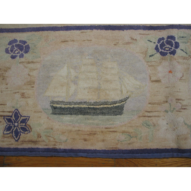 Antique American Hooked Rug Room Size Cotton Ivory