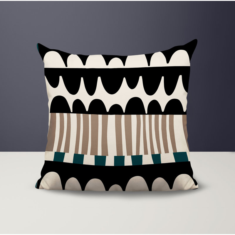 Coussin carré intérieur / extérieur Rami, Émeraude / noir / blanc cassé abstrait, H 15 po x l 15 po