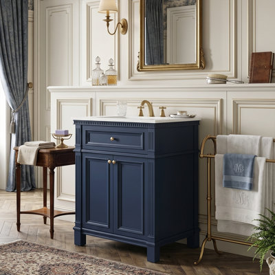 24" Victorian Heritage Freestanding Bathroom Vanity with 4" Centerset Ceramic Sink, Sculptural Debossed Paneled Double Doors, Multi-Tier Vault with Monolithic Flush Plinth Base (3 Colors)