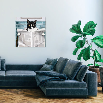 «Bath and Laundry Occupied Bathroom Tito Bathroom Cat lecture journal moderne blanc et bleu sarcelle, reproduction d'art sur toile pour le bain