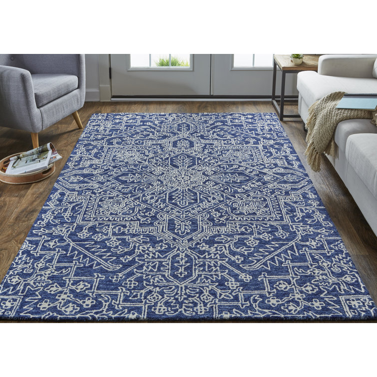 Nathalia Geometry Handmade Tufted Cotton/Wool Navy Blue Area Rug