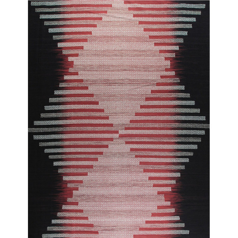 Black Flat Weave Wool Hourglass Motif Geometric Modern Contemporary Carpet Rug, 8' x 10'