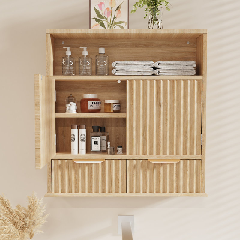 Armoire murale cannelée avec tiroirs, armoire de rangement en bois avec tablette réglable et compartiment ouvert, rangement mural pour salle de bain, cuisine ou buanderie