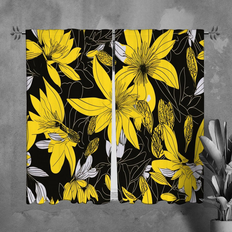 Motif floral de rideaux de fenêtre noirs - 6003, L 40 po x L 82 po