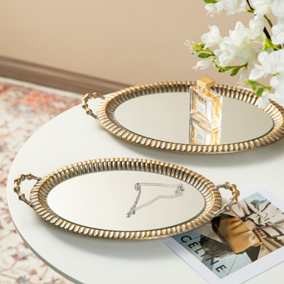 Oval Metal Gold Mirrored Decorative Trays With Handles