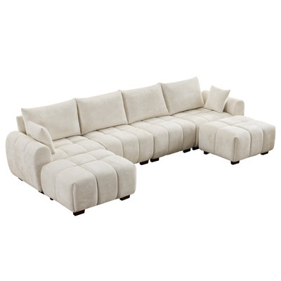 Mid-Century Modern Sofa with Removable Armrests and Ottoman