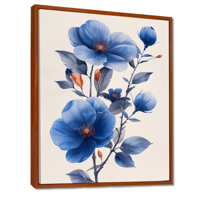«Blue Cherry Blossom Beauty III» - art mural fleur de cerisier, Cadre flottant brun, H 30 po x l 40 po x P 1,5 po
