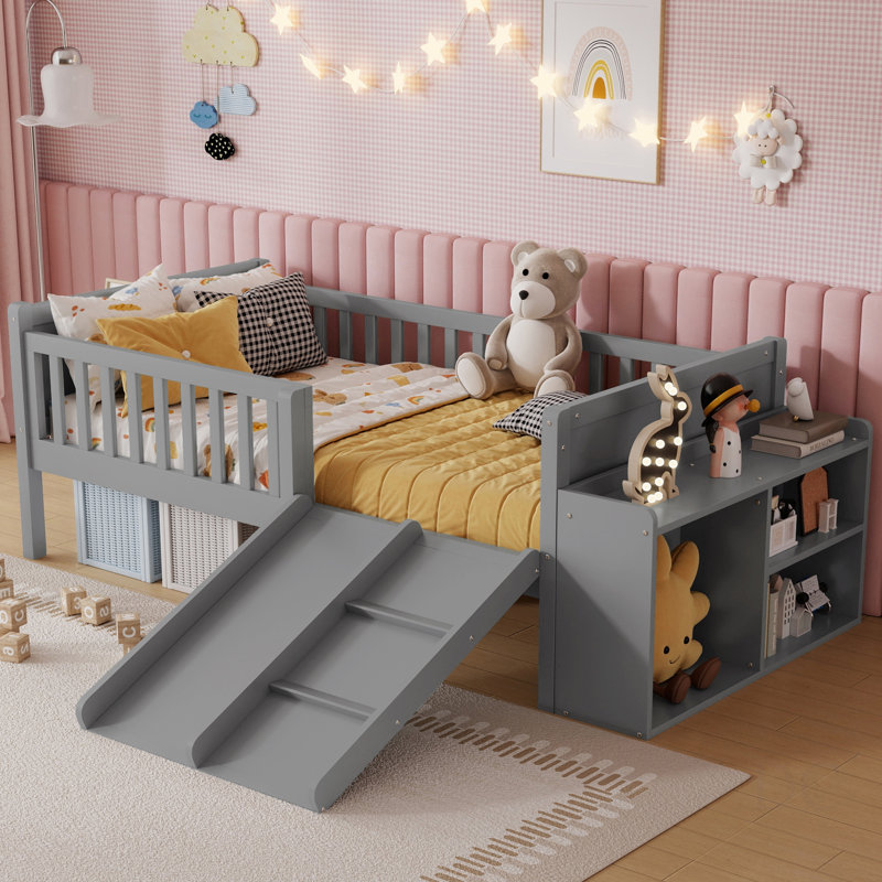Lit mezzanine simple pour enfants avec glissade, rangement pour bibliothèque mobile, garde-corps, cadre de lit mezzanine bas pour enfants