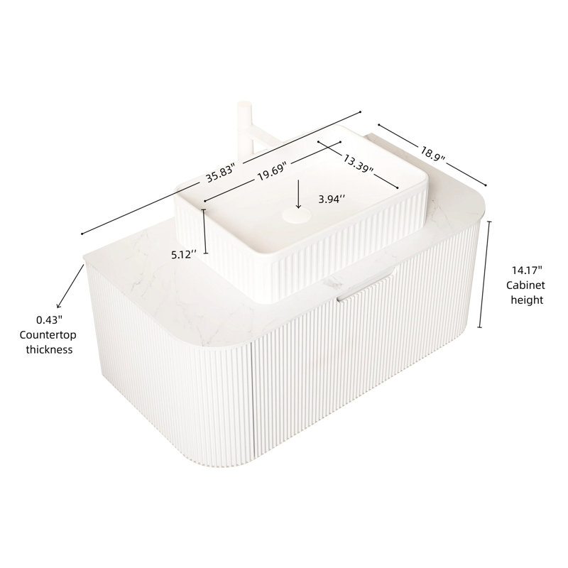 Meuble-lavabo de 36 po avec armoire incurvée flottante, lavabo rectangulaire en céramique blanche, pierre frittée, tiroir en contreplaqué à rayures 3D, pré-assemblé pour les tracas, comptoir en pierre et facile à installer