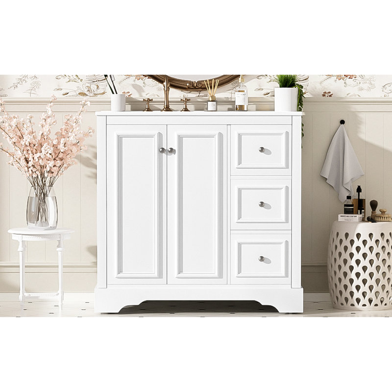 Meuble-lavabo de 36 po avec lavabo en céramique, fabrication en bois massif et charnières à fermeture en douceur de style transitionnel de 36 po avec 3 tiroirs, tablette réglable, fonction