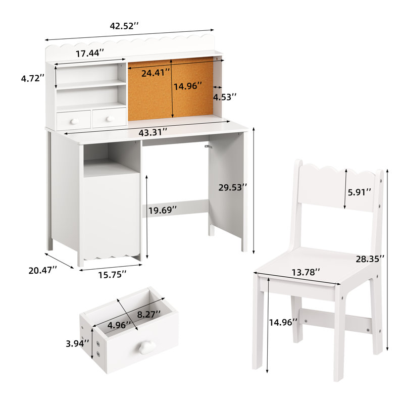 Ensemble de bureau et chaise blanc avec armoire de rangement et planche de liège