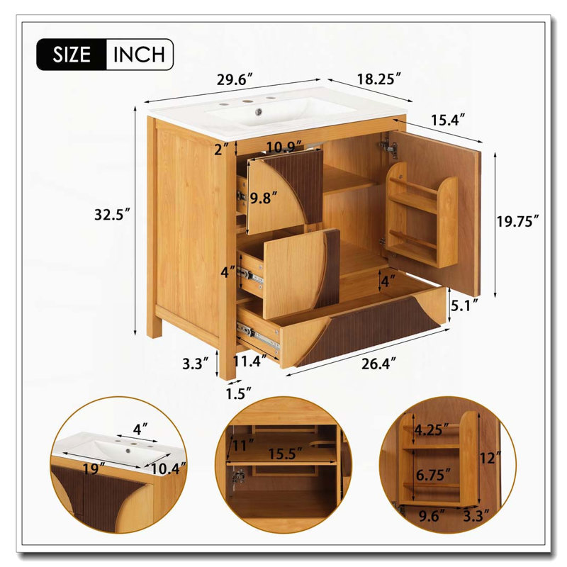 Meuble-lavabo de salle de bain cannelé 30 po avec lavabo, Bois - 3 tiroirs