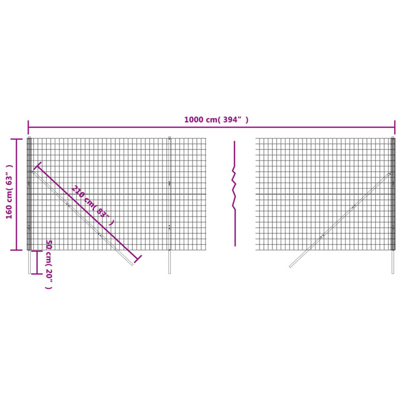 Bencouse 271.5cm H x 2500cm W Anthracite Metal Wire/Mesh Fence, 160cm H x 1000cm W x 5cm D, 7