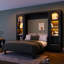 Grand lit escamotable avec tablettes, armoires latérales, tiroirs et DEL, lit plateforme mural avec bureau, noir