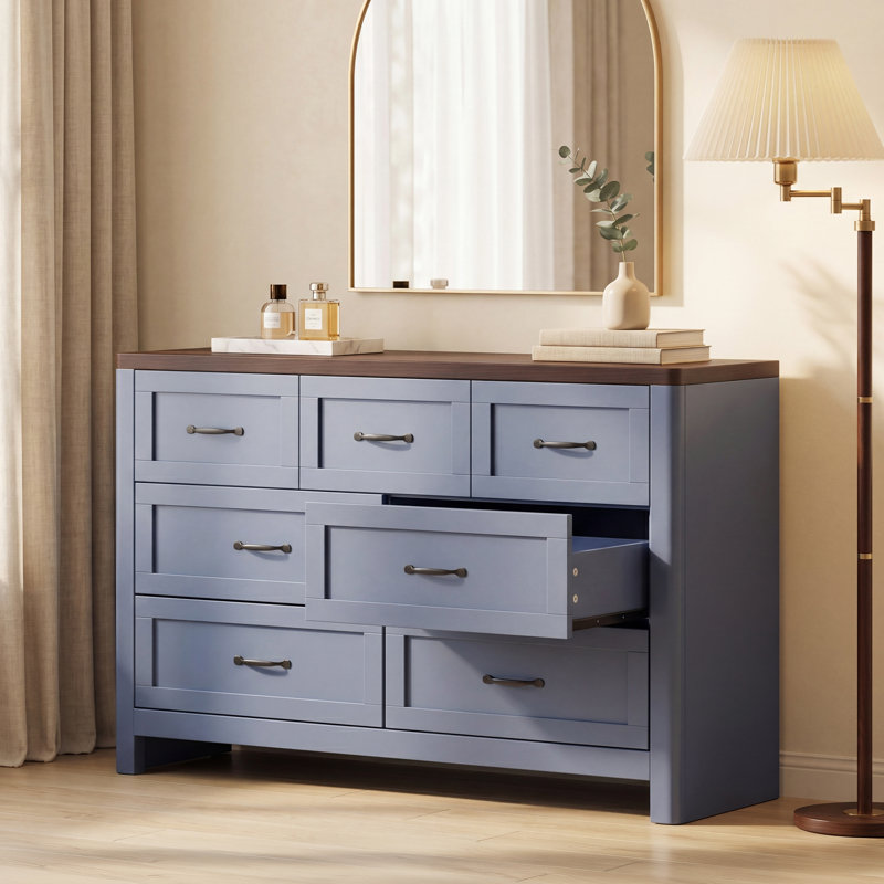 Commode de rangement bleue à 7 tiroirs 47,24 "avec poignées en métal