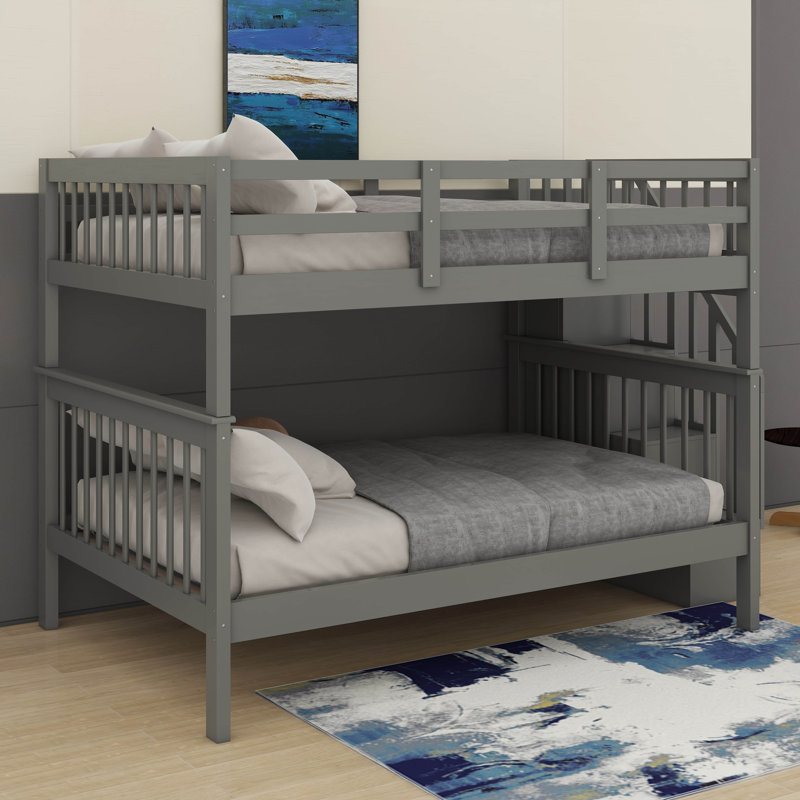 Full-Over-Full Bunk Bed With Guard Rail And Storage, Gray