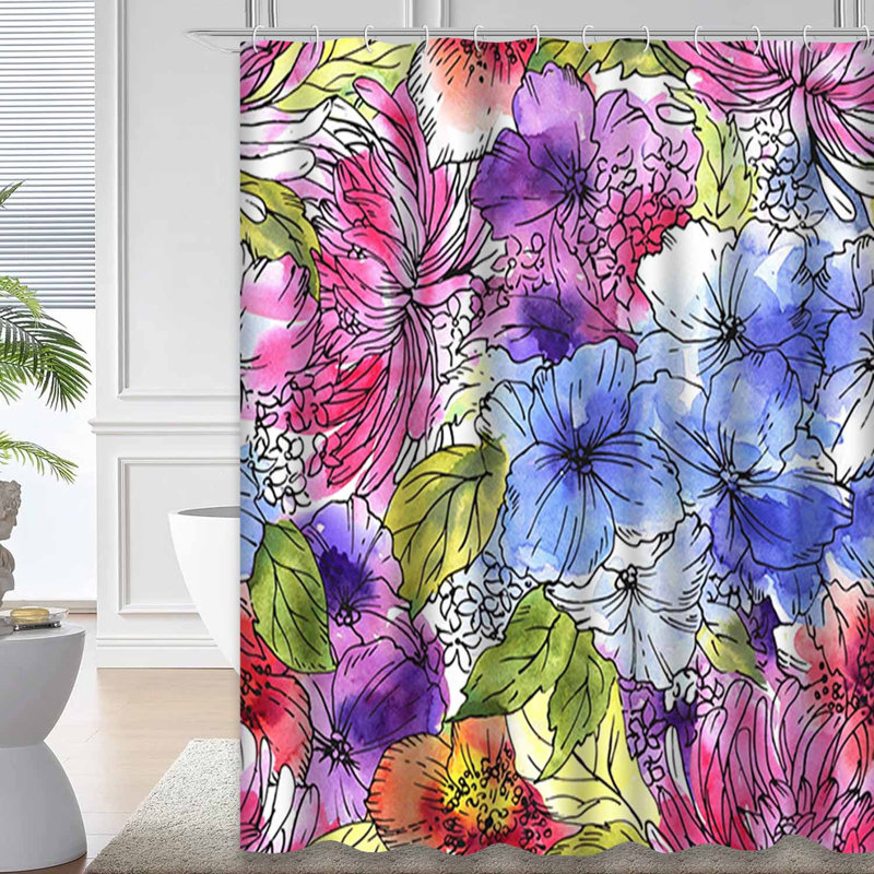 Rideau de douche sans couture à fleurs et aquarelle avec 12 crochets, L 72 po x l 84 po