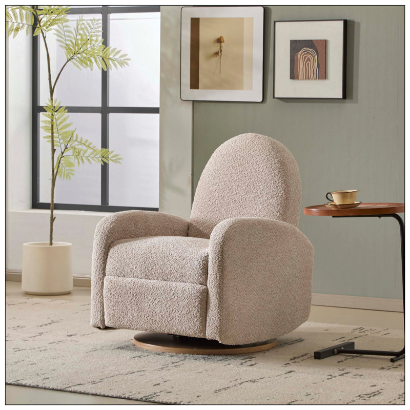 Boucle Fabric 360 Swivel and Glider Recliner Chair, Almond
