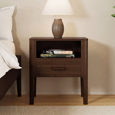 Mid-Century Modern Solid Bamboo Wood Nightstand with Drawer and Open Shelf, Bedside Table, Chocolate
