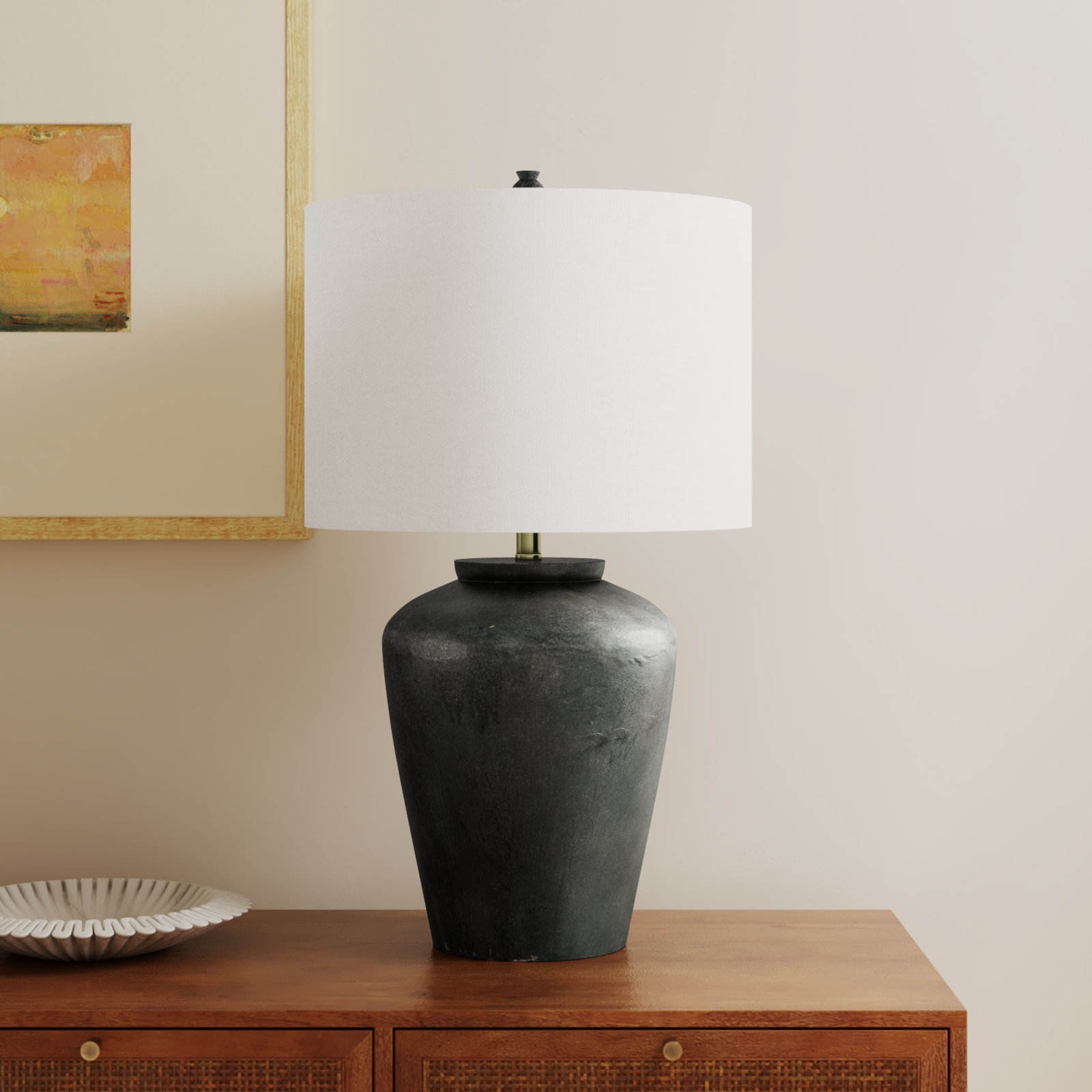 Daveney Concrete Table Lamp, Distressed Black, White