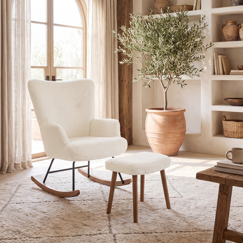 Solid Wood and Iron Rocking Chair, Teddy Fabric, Cream