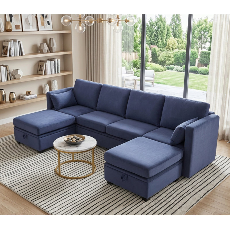 U-Shaped Sectional Sofa Couch With Storage Seats, Adjustable Backrest & Armrest, Blue Polyester Blend