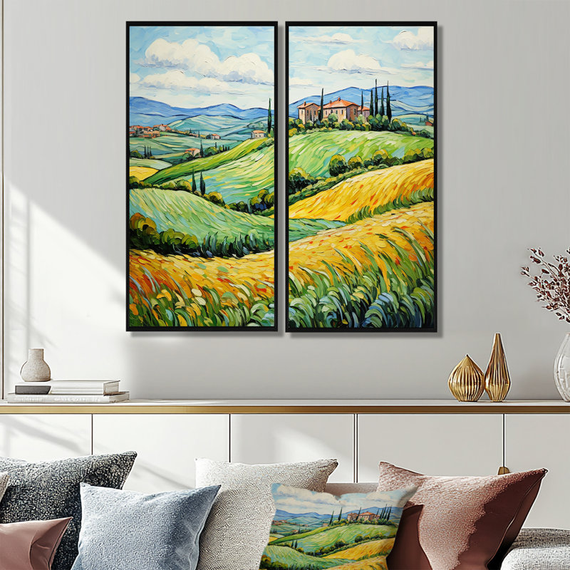 Vangogh Rolling Hills III - Paysages Vangogh, impressions sur toile 2 panneaux, H 32 po x l 32 po, Noir